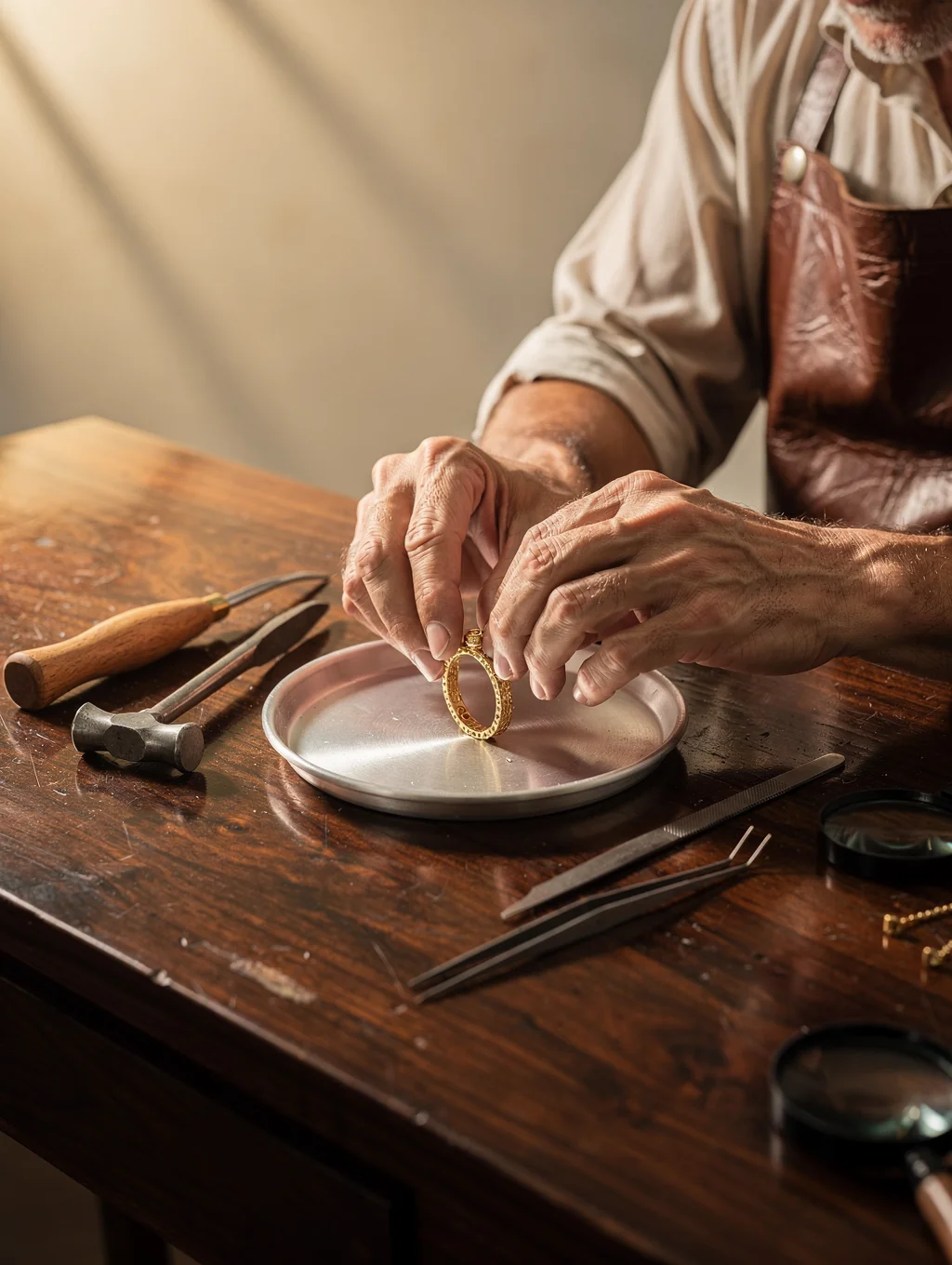 Artisan goldsmith working on a delicate gold ring in a sunlit studio
