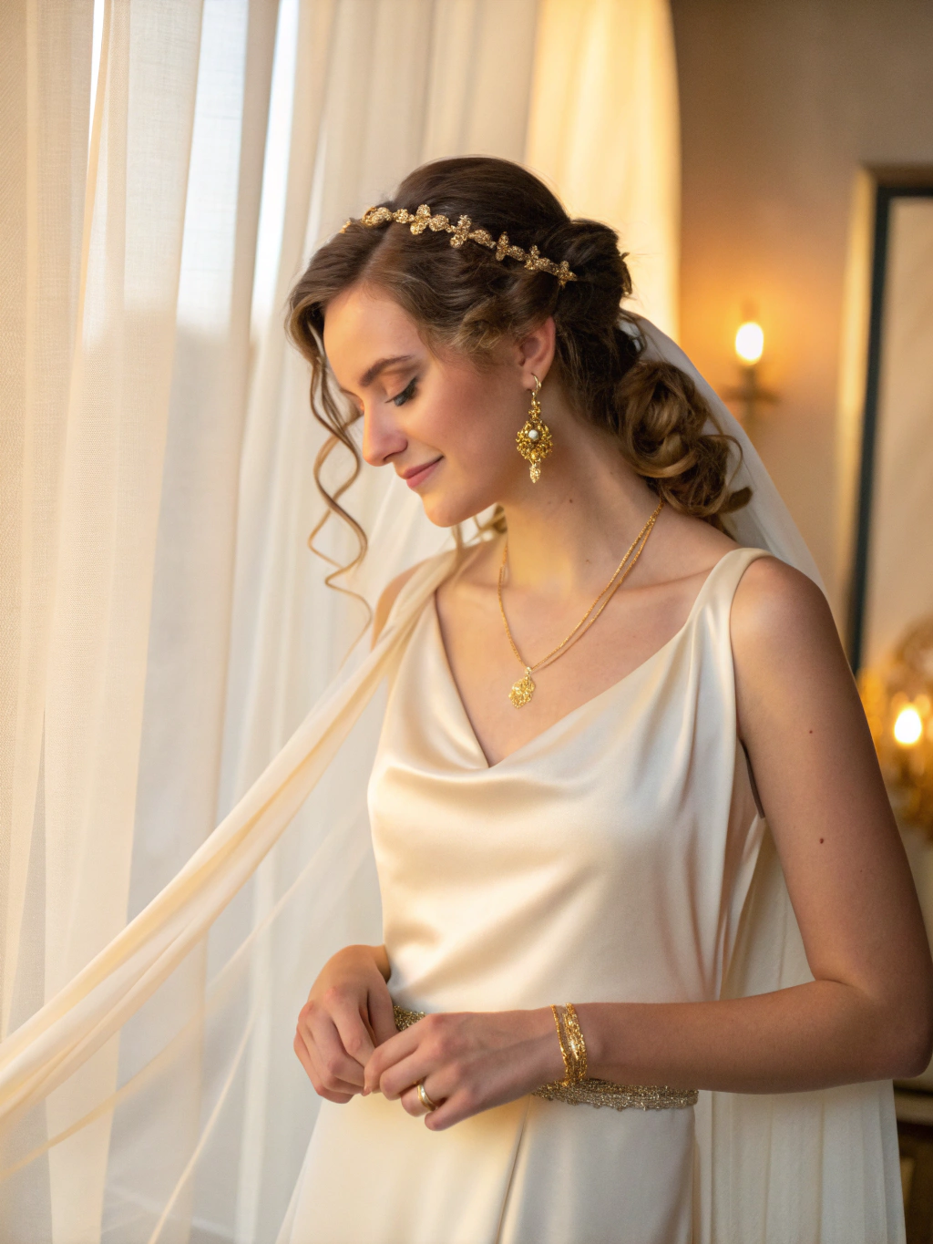 Elegant bride wearing bespoke diamond necklace and earrings