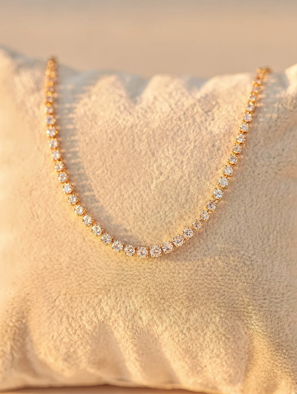 Macro shot of a diamond necklace in a sunlit Parisian atelier